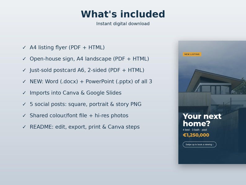 Op de afbeelding: Een digitale vastgoedmarketingkit met een A4-flyer, open-huisbord, ansichtkaart, social media-berichten en bewerkbare sjablonen voor Word, PowerPoint, Canva en Google Slides, met een afbeelding van een huis en de tekst Your next home?