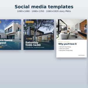 Op de afbeelding: Een set social media templates voor vastgoedadvertenties in 1080x1080, 1080x1350 en 1080x1920 pixel formaten. De templates bevatten donkerblauwe en witte tekstoverlays, waaronder termen zoals Just Listed, Open House en New Listing.