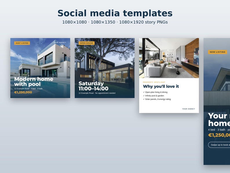 Op de afbeelding: Een set social media templates voor vastgoedadvertenties in 1080x1080, 1080x1350 en 1080x1920 pixel formaten. De templates bevatten donkerblauwe en witte tekstoverlays, waaronder termen zoals Just Listed, Open House en New Listing.
