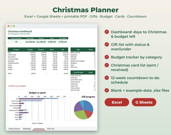 Può includere: Una dashboard digitale per la pianificazione natalizia visualizzata su uno schermo, con monitoraggio del budget, liste regali e conto alla rovescia di 12 settimane. L'interfaccia include tabelle, un grafico a barre e un grafico a torta.