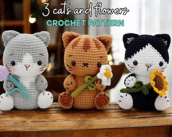 Crochet cat and fllowers PATTERN bundle 3 in 1: Sweetie Fluffy | calico cat bunny | English PDF pattern