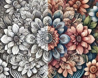 May include: A split image showing a detailed black and white drawing of a bouquet of flowers on the left side and a colorful painting of the same bouquet on the right side. The flowers are mostly pink, blue, and green.