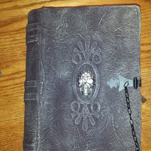 Witches Spell Book, altered book, Halloween book, Gothic decor, fantasy decoration, crystal skull, skeleton hand, potion bottles