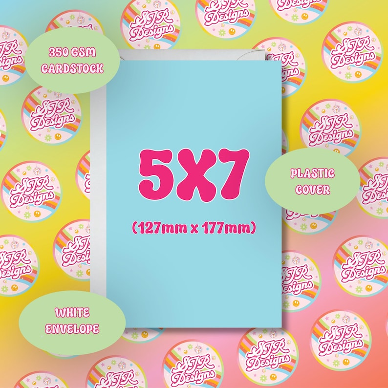May include: A light blue card with the text "5X7" in pink. The card measures 127mm x 177mm and is made of 350 GSM cardstock. It includes a white envelope and a plastic cover.