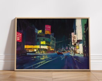 May include: A painting of a city street at night with neon signs and a car driving down the road. The buildings are dark and the street is wet from rain.