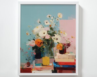 Floral Books Print: Vibrant Botanical Art, Modern Home Decor (Digital Download