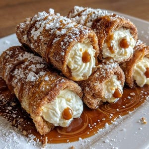 Könnte beinhalten: Ein Teller mit frisch zubereiteten Cannoli, einem traditionellen italienischen Gebäck. Die Cannoli-Schalen sind goldbraun und mit einer cremigen weißen Füllung gefüllt. Sie sind mit Karamellsauce beträufelt und mit Puderzucker bestäubt.