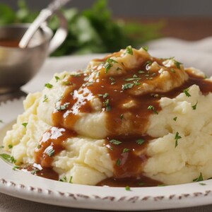 Op de afbeelding: Een bord romige aardappelpuree, overgoten met rijke bruine jus en bestrooid met verse peterselie. Op de achtergrond staat een zilveren sauskom, wat duidt op een huisgemaakte maaltijd.