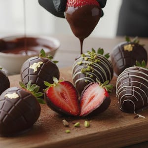 Può includere: Una selezione di fragole ricoperte di cioccolato, alcune decorate con foglia d'oro, cioccolato bianco e pistacchi tritati. Una fragola è tagliata a metà, rivelando l'interno rosso. Una mano immerge una fragola nel cioccolato fuso.