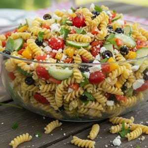 May include: A clear glass bowl overflowing with pasta salad. The salad contains fusilli pasta, cherry tomatoes, black olives, cucumber, yellow peppers, and feta cheese. Fresh parsley is scattered throughout. The salad is on a wooden table.