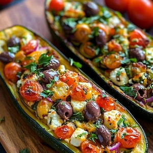 May include: Two halved zucchini boats filled with roasted cherry tomatoes, dark kalamata olives, crumbles of white feta cheese, and slivers of red onion, all garnished with fresh green parsley leaves, presented as a colorful vegetable dish.