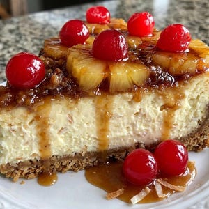 Può includere: Una fetta di cheesecake all'ananas rovesciata su un piatto bianco. Il dessert presenta una base di biscotti Graham, un ripieno cremoso di cheesecake, fette di ananas caramellate e ciliegie rosse. La salsa al caramello cola lungo il lato.