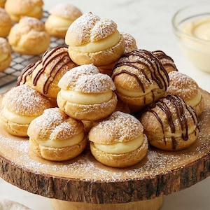 Pode incluir: Um suporte de bolo de madeira exibe uma coleção de profiteroles. Alguns são polvilhados com açúcar de confeiteiro, outros com chocolate. Uma tigela de creme e um batedor estão no fundo. Os profiteroles são recheados com creme.