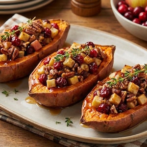 May include: Three baked sweet potatoes, halved and filled with a mixture of diced apples, cranberries, and pecans. Garnished with fresh herbs, the dish sits on a light gray platter, with a bowl of apples and cranberries in the background.