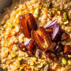 May include: A close-up shot of a bowl of oatmeal topped with dates, pistachios, and a drizzle of honey. The oatmeal is a light tan color, and the dates are a dark brown. The pistachios are green, and the honey is a golden color. The bowl is a light gray color.