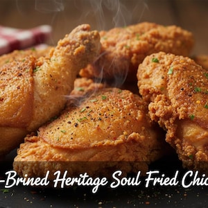 Peut inclure: Gros plan sur des morceaux de poulet frit dorés, assaisonnés d'herbes et d'épices, avec de la vapeur qui s'en échappe. Le texte "Triple-Brined Heritage Soul Fried Chicken" est en bas. Un petit bol de sauce est visible.