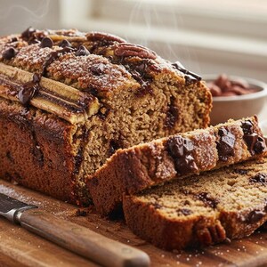 May include: A loaf of banana bread with chocolate chips and sliced bananas on top, with two slices cut. The bread is on a wooden cutting board with a knife and a small bowl of liquid.