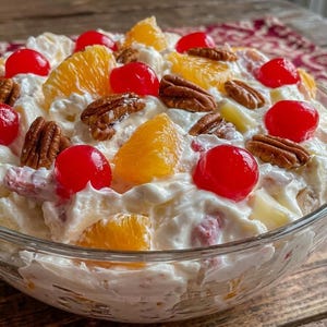 Puede incluir: Un cuenco de vidrio lleno de ensalada de frutas cremosa. La ensalada incluye cerezas rojas, gajos de naranja, trozos de piña y mitades de nueces pecanas. Los ingredientes están mezclados en una base blanca y cremosa.