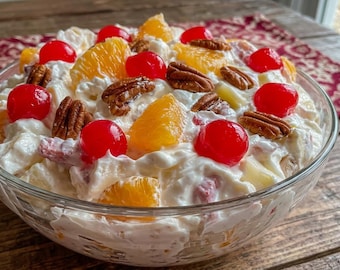 Receta de ensalada Ambrosía / Postre Nube de Seda Terciopelo, Fruta Joya Rubí (Descarga en PDF)