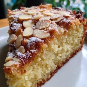 Könnte beinhalten: Ein Stück Kuchen auf einem weißen Teller. Der Kuchen hat eine goldbraune Kruste, ein hellgelbes Inneres und ist mit Mandelblättchen und Puderzucker bestreut. Der Hintergrund ist verschwommen, mit grünem Laub sichtbar.