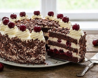 May include: A Black Forest cake on a white plate, with a slice being served. The cake has layers of chocolate cake, whipped cream, and cherries. The cake is decorated with chocolate shavings and cherries. A cake server and fresh cherries are on the wooden table.