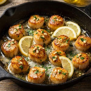 May include: A cast iron pan of cooked scallops, garnished with lemon slices and herbs. The scallops are golden brown and sit in a buttery sauce. Asparagus and bread are visible in the background.