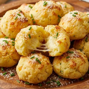 以下が含まれることがあります： 木製の皿に、ハーブとすりおろしたチーズをまぶした、丸くて黄金色のチーズパフが並んでいます。そのうちの1つは割れており、とろけるチーズの中身が見えています。食べ物は、おいしい前菜です。