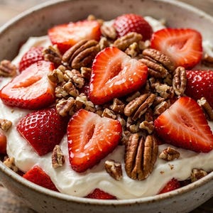 Può includere: Una ciotola di dessert con fragole fresche a fette, noci pecan e una copertura cremosa bianca. Le fragole sono di un rosso vivo e le noci pecan sono marroni scuro. La ciotola è di colore neutro.