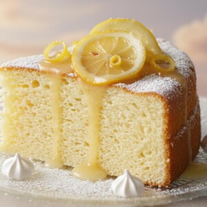 May include: A slice of lemon cake on a clear glass plate, decorated with lemon slices and zest. The cake is drizzled with lemon glaze and dusted with icing sugar. Small white meringues are placed around the cake.