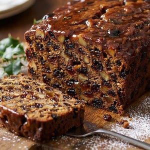 May include: A loaf of fruitcake, partially sliced, on a wooden cutting board. The cake is dark brown with visible nuts and dried fruit. A dusting of powdered sugar and sprigs of holly add festive touches. A fork rests beside the slice.