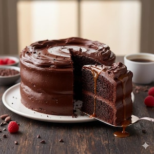 Op de afbeelding: Een rijke chocoladetaart met een stuk dat wordt geserveerd. De taart is bedekt met chocolade glazuur en een karamel drizzle. De taart staat op een wit bord, met een kopje koffie en frambozen op de achtergrond. De taart staat op een donkere houten ondergrond.