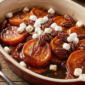 May include: Baked sweet potatoes in a casserole dish, topped with pecans and marshmallows. The dish is a warm orange color, with a glossy glaze. A spoon rests on a wooden table next to the dish.