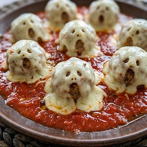 May include: A plate of meatballs covered in melted white cheese, each shaped with two small holes for eyes and a larger hole for a mouth, resting in a pool of bright red tomato sauce. The meatballs are arranged in a circular pattern.