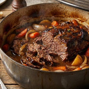 Puede incluir: Una olla grande de hierro fundido llena de un abundante asado de ternera, zanahorias, cebollas y patatas. El plato está humeante, lo que sugiere que está recién cocinado. La olla está sobre una superficie de madera rústica, con pan y una cuchara cerca.