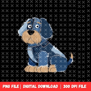 Cachorro Jeans PNG | Clipart de Filhote de Cachorro Jeans Azul Desgrenhado | Download Digital para Sublimação, Artesanato, Adesivos