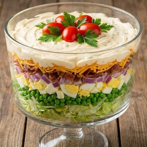 May include: A layered salad in a clear glass trifle bowl. The salad includes lettuce, peas, eggs, red onion, bacon, shredded cheese, and a creamy dressing, topped with tomatoes and parsley. The bowl sits on a wooden surface.