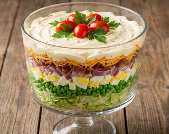 Receta imprimible de ensalada de siete capas: guarnición retro para compartir (descarga digital)