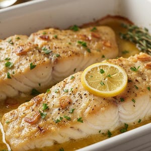 May include: Two baked fish fillets in a white dish, garnished with lemon slices, herbs, and garlic. The fish is cooked in a buttery sauce and sprinkled with fresh parsley. A sprig of thyme is also included.