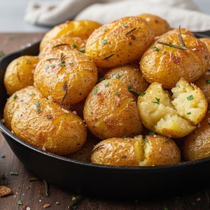May include: A cast iron skillet filled with roasted golden potatoes, garnished with rosemary sprigs and sea salt. A small white bowl of creamy sauce sits beside the skillet on a wooden cutting board. The potatoes are cut open to show the fluffy interior.