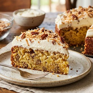 May include: A slice of cake with white frosting, pecans, and coconut flakes on a speckled plate. The cake is next to a whole cake with a similar topping. Bowls of coconut flakes and nuts are in the background.