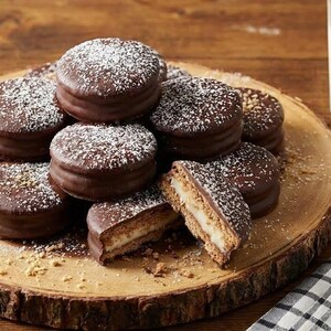 Puede incluir: Una pila de galletas sándwich cubiertas de chocolate espolvoreadas con azúcar glas sobre una tabla de madera. Una galleta está cortada por la mitad, revelando un relleno cremoso. Un vaso de leche y una servilleta a cuadros están en el fondo.