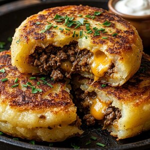 May include: Close-up of two golden-brown potato cakes, one cut open to reveal a savory filling of ground meat and melted cheese. Garnished with fresh green herbs, the dish is served on a black plate, accompanied by a small bowl of white sauce and pickled onions.