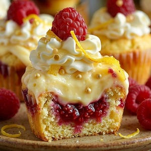 Può includere: Primo piano di un cupcake ai lamponi con un morso, che rivela un ripieno di lamponi. Il cupcake è ricoperto di glassa bianca, un lampone fresco, spruzzi d'oro e scorza di limone. Altri cupcake e lamponi sono sullo sfondo.
