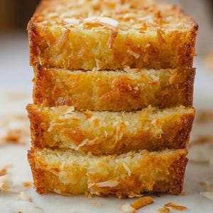 Puede incluir: Una pila de cuatro rebanadas de pan de coco dorado. El pan tiene un interior amarillo y húmedo y está cubierto con copos de coco tostados. Las rebanadas están apiladas sobre una superficie blanca.