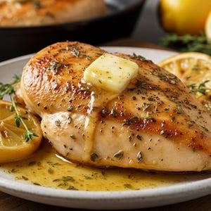 以下が含まれることがあります： 白いお皿に盛り付けられた、レモンスライスとタイムの小枝で飾られた、調理済みの鶏むね肉のクローズアップ。鶏肉の上にはバターがのっています。木製のまな板の上に盛り付けられ、背景には鶏肉の入ったフライパンがあります。