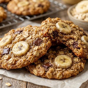 Könnte beinhalten: Nahaufnahme von drei großen, runden Haferflockenkeksen mit Bananenscheiben und Schokoladenstückchen. Die Kekse liegen auf Backpapier, im Hintergrund weitere Kekse und eine Schüssel mit Haferflocken. Die Kekse haben eine goldbraune Farbe.