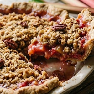 May include: A close-up of a baked rhubarb crumble pie with a golden crust and a topping of oats and pecans. A slice is being lifted with a silver pie server, revealing the juicy filling. The pie sits on a white plate.