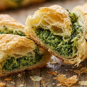 May include: Close-up of a savory pastry with a flaky, golden-brown crust. The pastry is filled with a vibrant green spinach mixture. The image is set on a rustic wooden surface, with scattered pastry flakes.