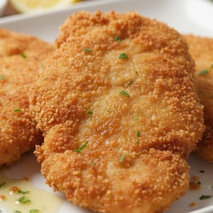May include: Three golden-brown, breaded chicken cutlets on a white plate. The cutlets are garnished with fresh green herbs. A small bowl of capers and a lemon wedge are in the background.