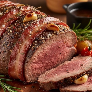 May include: A sliced, roasted beef joint with garlic and herbs, presented on a wooden board. Served with roasted tomatoes, potatoes, and a small black gravy boat. The meat is medium-rare, with a rich colour.
